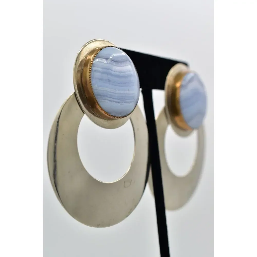 Dizan Diane Blother Vintage Clip On Earrings Blue Lace Agate Chunky Signed BinBK